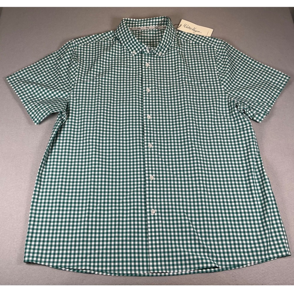 Walter Hagen Button Down Shirt Mens XL Green White Gingham Golf Stretch NWT